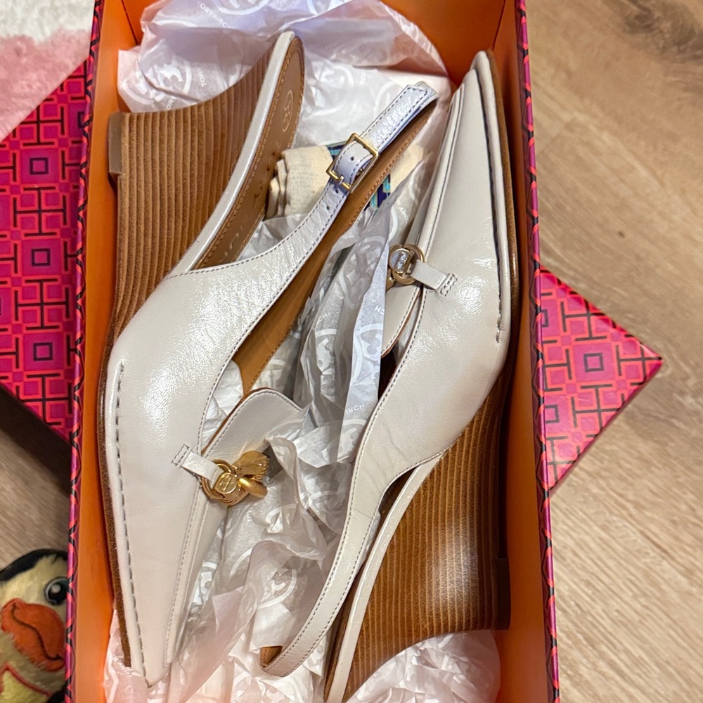 Tory Burch Cream Wedge Slingbacks
